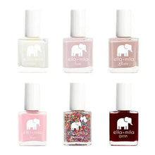 Six nail polish bottles in light cream, pink, nude, blush, multicolor glitter, and dark red