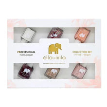 Nail polish collection set box with ella+mila branding and six-shade lineup