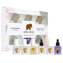 Nail care essentials gift set in box with six mini bottles and dropper caps