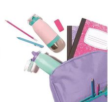 Stainless steel water bottle accessories in bag with pink and mint bottles and caps