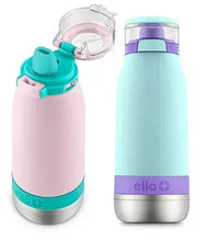 Stainless steel water bottle set, pink and mint, with open flip-top lids and teal latch
