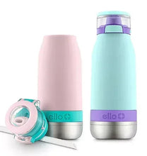 Stainless steel water bottle set, pink and mint colors, with open cap and strap