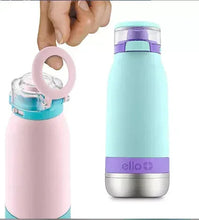 Stainless steel water bottle, teal trim, open flip-top lid; mint bottle standing