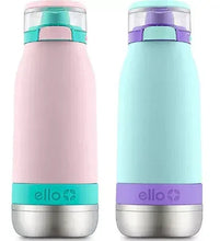 Stainless steel water bottle, pink and teal, with flip-top lids and rounded base