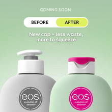 Before-and-after bottles with eos logos and pink cap on right bottle