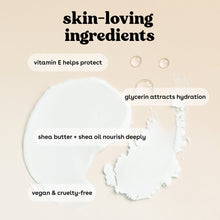 Creamy white lotion texture with ingredient illustrations