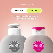 Two eos body lotion bottles side by side, one with gray cap and one with pink cap