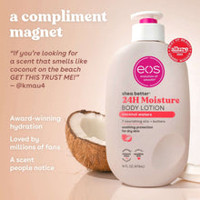 eos 24H Moisture body lotion bottle with pink cap and coconut half