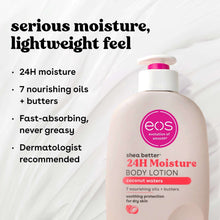 eos 24H Moisture body lotion bottle with pink cap and pink emblem on white bottle