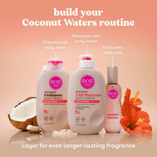 Body care routine lineup with eos bottles and coconut water accents