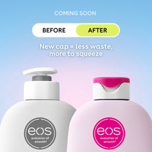 eos body lotion bottles, white and light pink with pink cap and pump tops