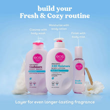 Fresh & Cozy body care bottles and mist, with a body lotion bottle centerpiece