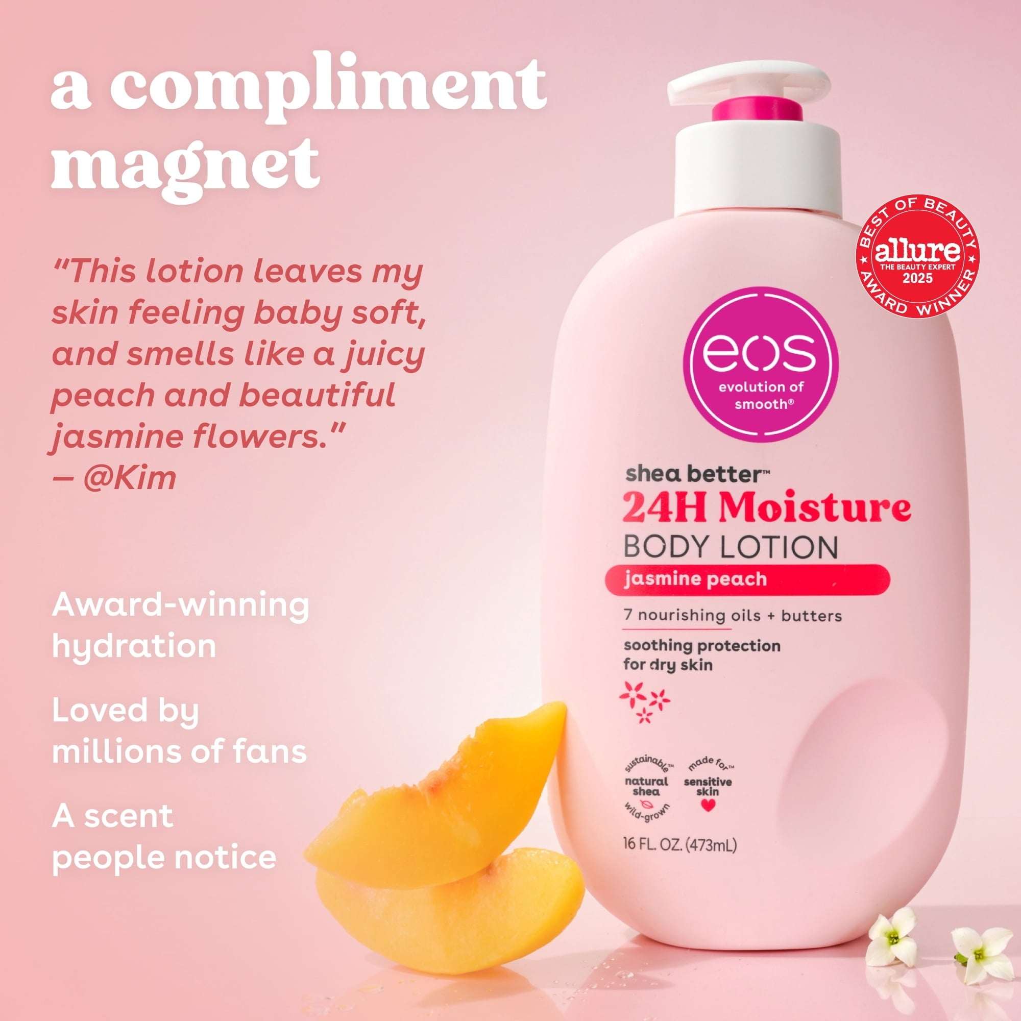 eos Shea Better Body Lotion- Jasmine Peach, Soothes Dry Skin, 16 fl oz