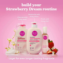 Strawberry Dream routine with several eos body products and lotion bottle centerpiece