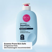 Sensitive body lotion bottle standing, blue bottle with pink cap, fragrance-free front