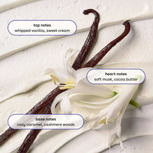 Vanilla cashmere hand cream swirl with vanilla bean pods on cloth