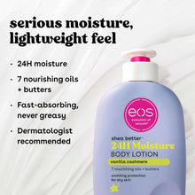 eos Shea Better 24H body lotion bottle, pink logo on light purple bottle