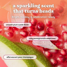 eos pink champagne body lotion theme with sparkling fruit bubbles and bottle silhouette