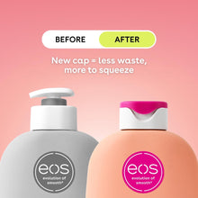 eos shea better body lotion bottles for before/after, pink cap and gray pump, pink champagne