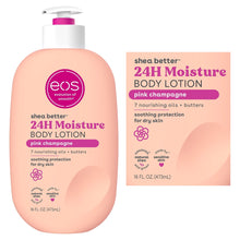 eos shea better 24H Moisture body lotion, pink champagne, front bottle and product card