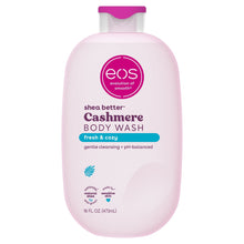 eos Cashmere body wash bottle, pale pink gel, purple cap and pink label