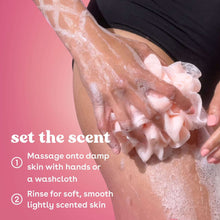 Foamy body wash being lathered on skin for soft, smooth, lightly scented feel