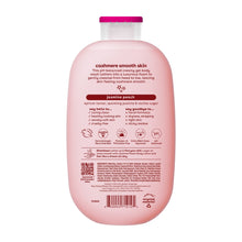 Back of cashmere body wash bottle with ingredient and usage information panel.
