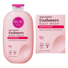 Jasmine Peach cashmere body wash bottle beside product label card.