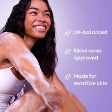 Foamy body wash lather on skin, eos cashmere pH-balanced and sensitive-skin icons