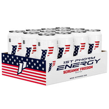 1st Phorm Energy drink 12-pack box with Screamin' Freedom cans, front view