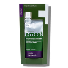 ernest Gentle Face Wash refill pouch in box window, white cap visible