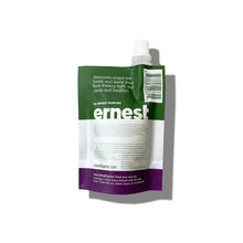 ernest Gentle Face Wash refill pouch back with barcode and green/purple panels