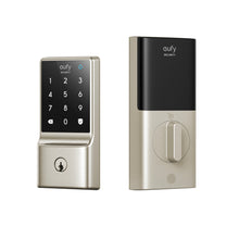 Keyless smart door lock with keypad and touchscreen, brushed metal body and black panel