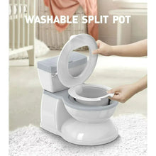 White split-pot toddler potty training toilet with open lid and removable inner bowl