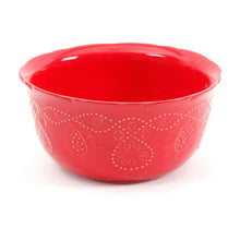 Red lace-pattern serving bowl, glossy ceramic with embossed floral details