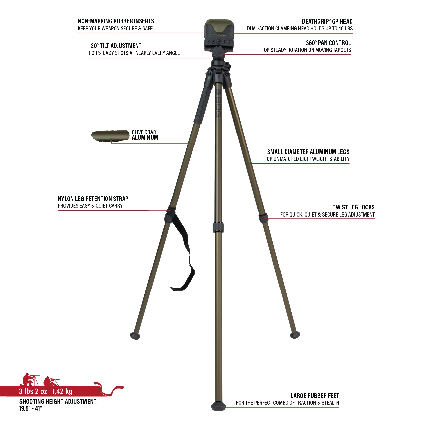 BOG DeathGrip GP Aluminum Shooting Tripod - OD Green 1pc. NEW