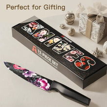 Chef knife with floral blade and black handle, laid beside a gift box packaging