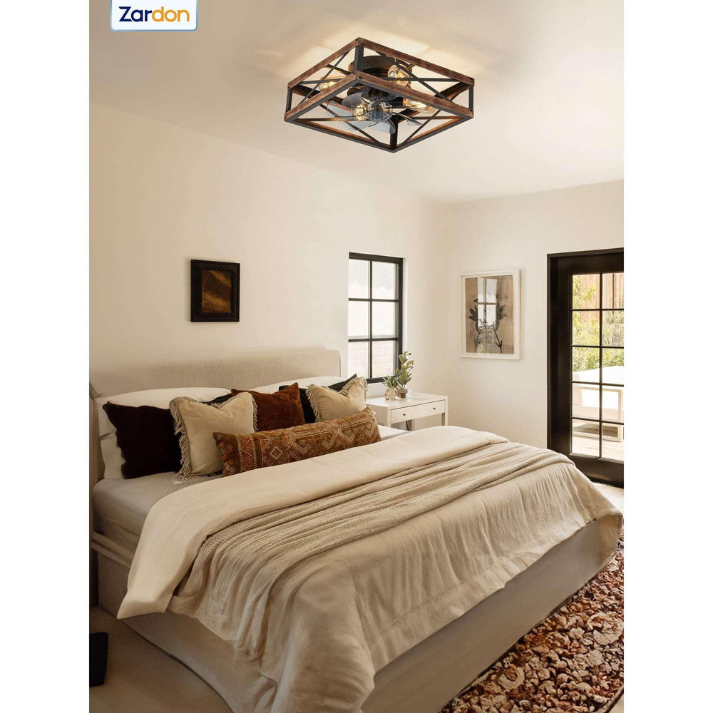 Zardon 16" Low Profile Caged Ceiling Fan with Light & Remote Control, Modern Brown Wood Finish, 6-Speed Quiet DC Motor for Indoor Spaces - USA MEGA SHOP