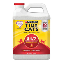 Purina Tidy Cats multi-cat clumping litter jug with Purple Leash badge and 10-day