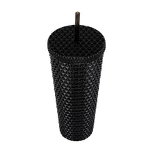 Black textured plastic insulated tumbler with matching lid and straw, diamond pattern.