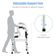 Medical walker with adjustable support feet, silver frame and black non-slip tips.
