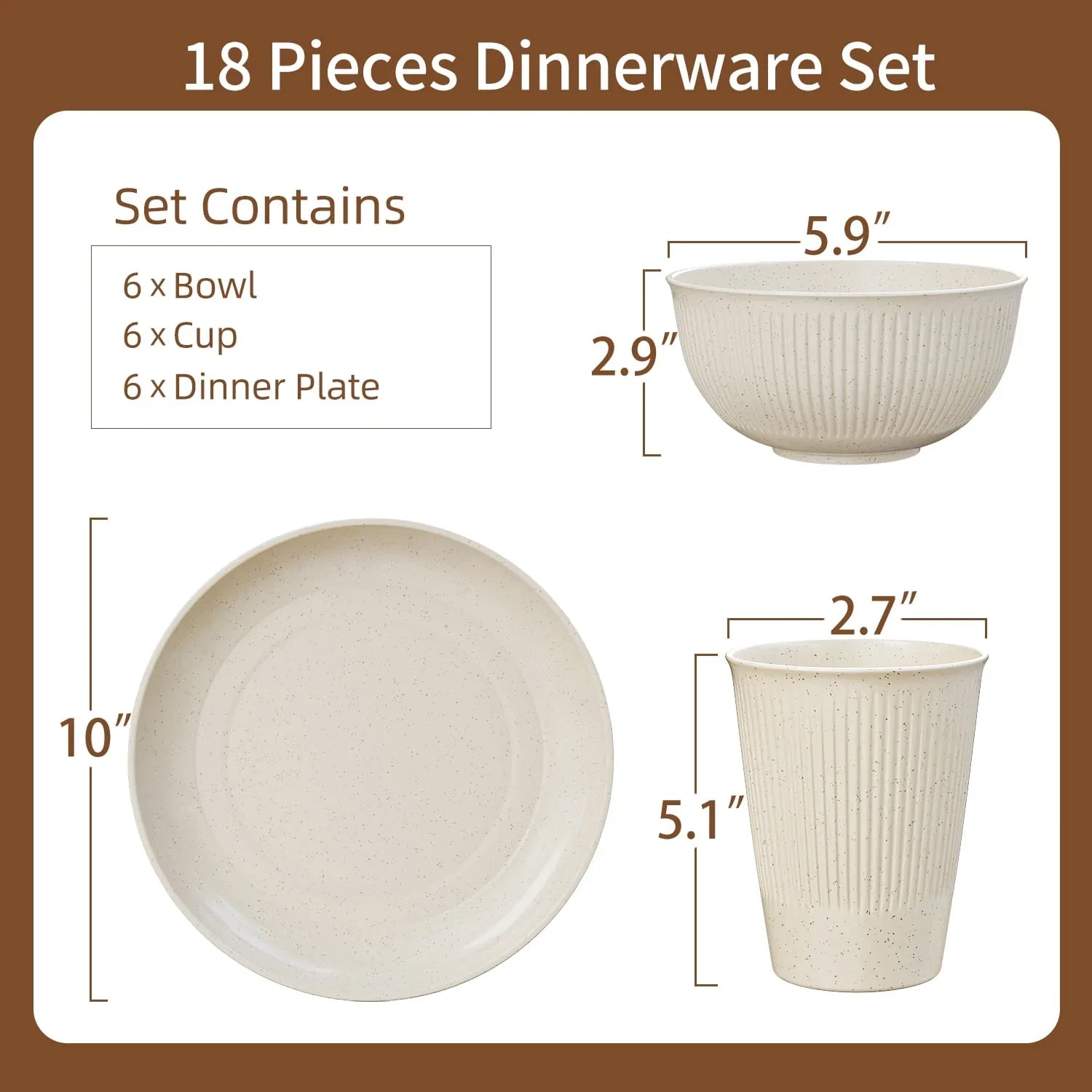 TINANA Wheat Straw Dinnerware Sets, Service for 6, 18 PCS Unbreakable Plastic Dinnerware, Freezer Dishwasher Safe - Beige