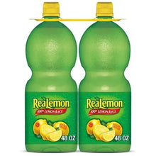 Two-pack Realemon 100% lemon juice bottles, green labels, yellow caps