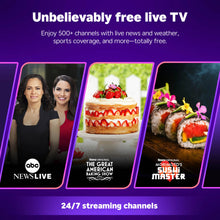 Roku live TV tiles on a TV screen, featuring channel thumbnails and categories
