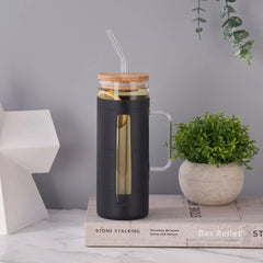 Mainstays Glass 22oz Tumbler with Black Protective Silicone Sleeve, Bamboo lid, Glass Straw - USA MEGA SHOP