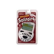 Handheld solitaire card game device with screen and controls, shown in retail blister