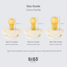 BIBS pacifier size guide showing three round natural rubber nipple sizes