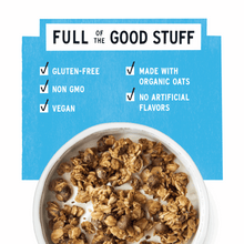 Granola in a white bowl with blue label reading “Full of the good stuff”
