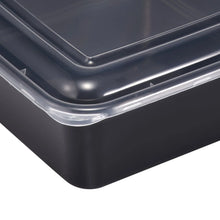 Clear lid edge on tall square food container with dark base