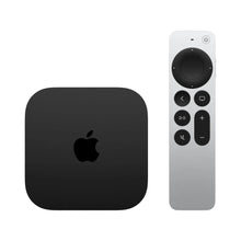 Apple TV 4K media box with silver Siri remote, oval black button area